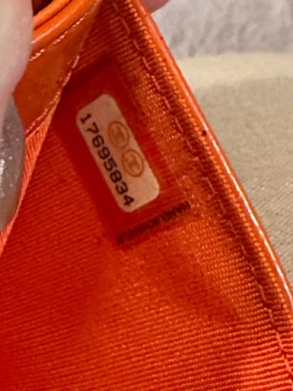Pristine CHANEL Orange Patent Leather Card Case with Embossed CC and COA